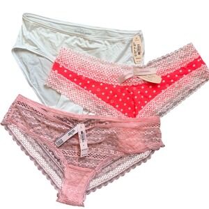 Polka Dot VS Panty Bundle Medium Hiphugger Lace Cheeky Pink White 3 Pack NWT